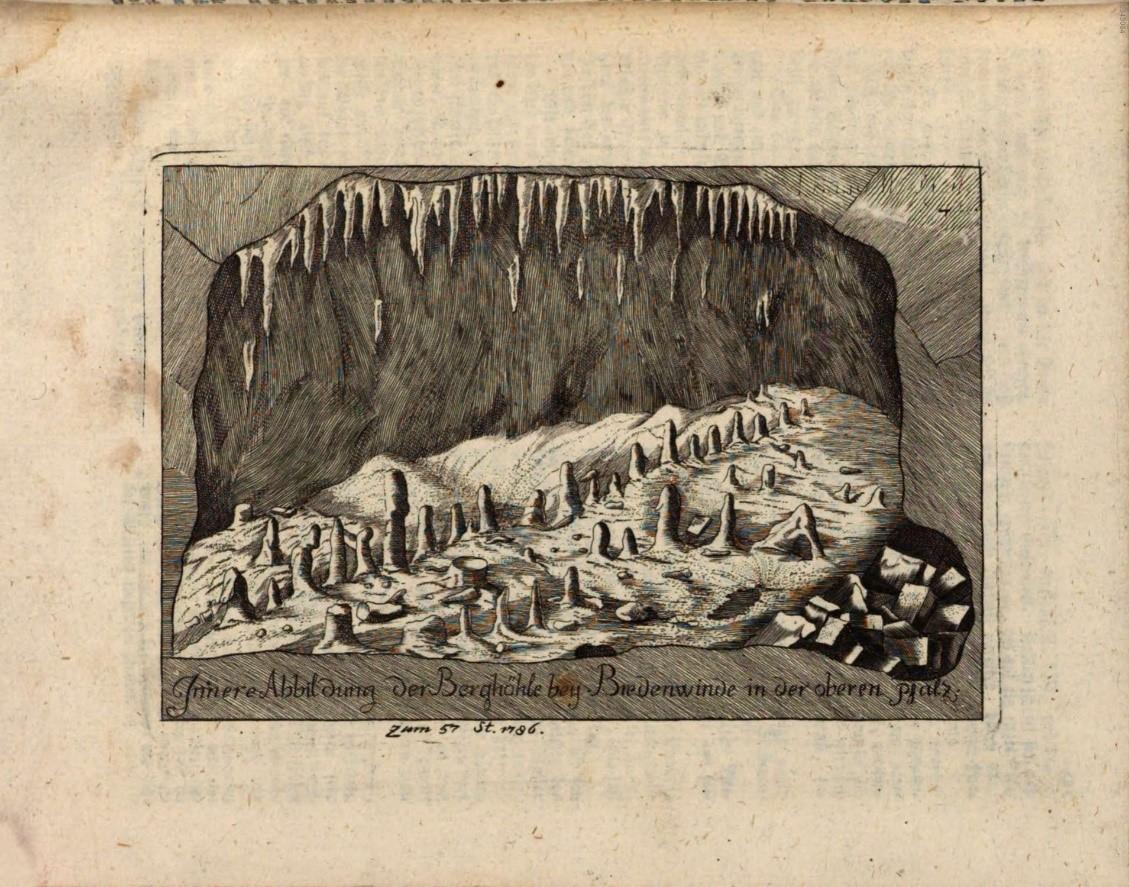 Hostorische Zeichnung/Abbildung einer Berghöhle von innen in der oberen Pfalz, Deutschland 