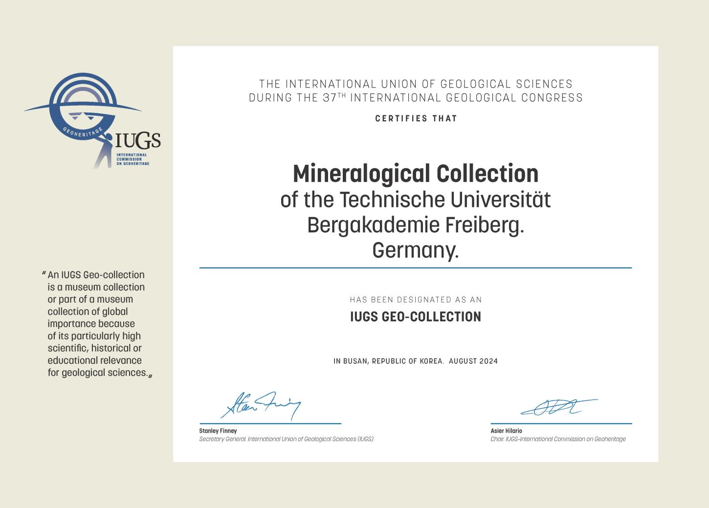 Urkunde der International Union of Geological Sciences (IUGS)